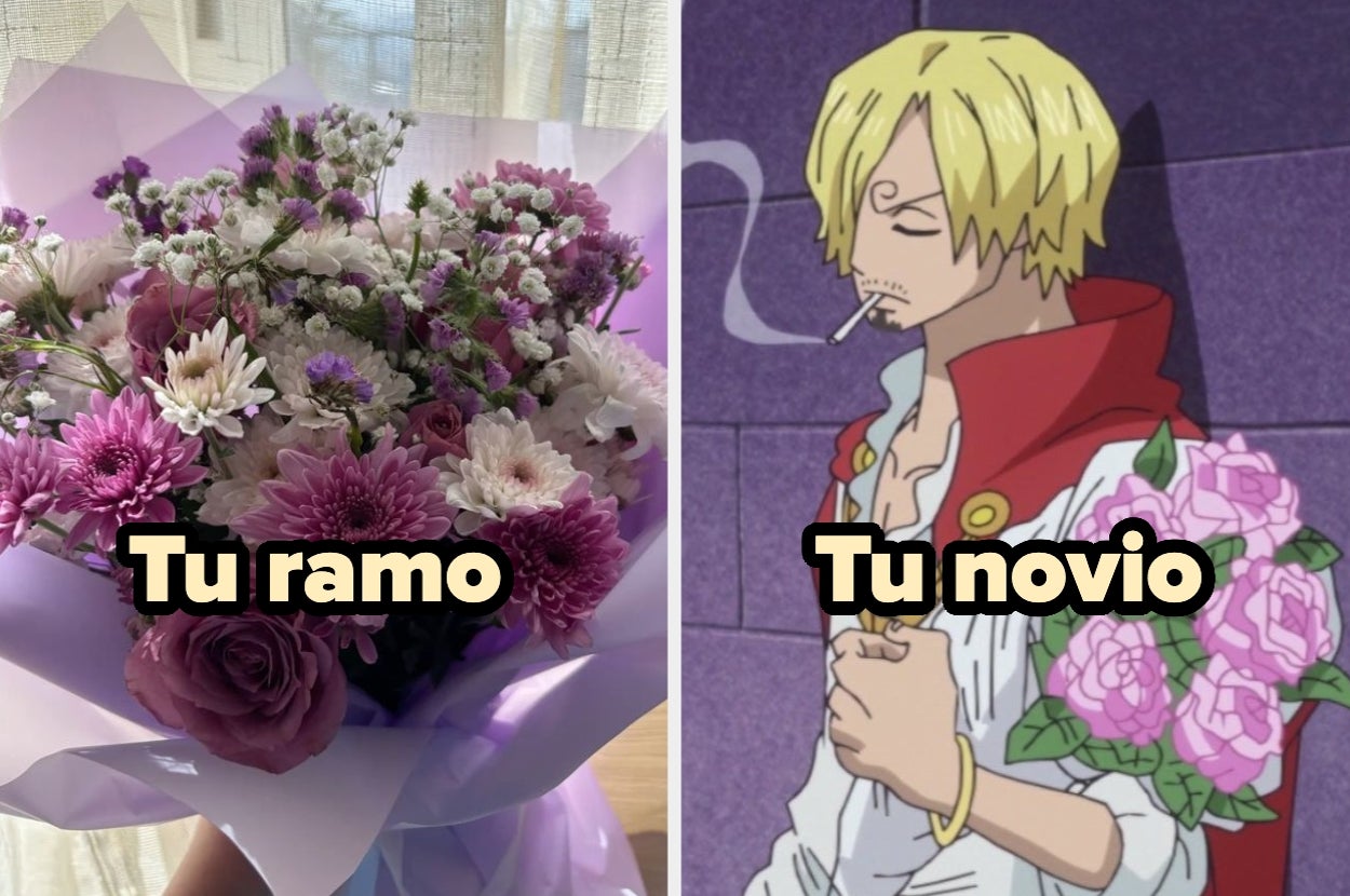 Ramo de flores a la izquierda; personaje de anime fumando y con rosa tatuada en el brazo a la derecha. Texto: "Tu ramo" y "Tu novio"