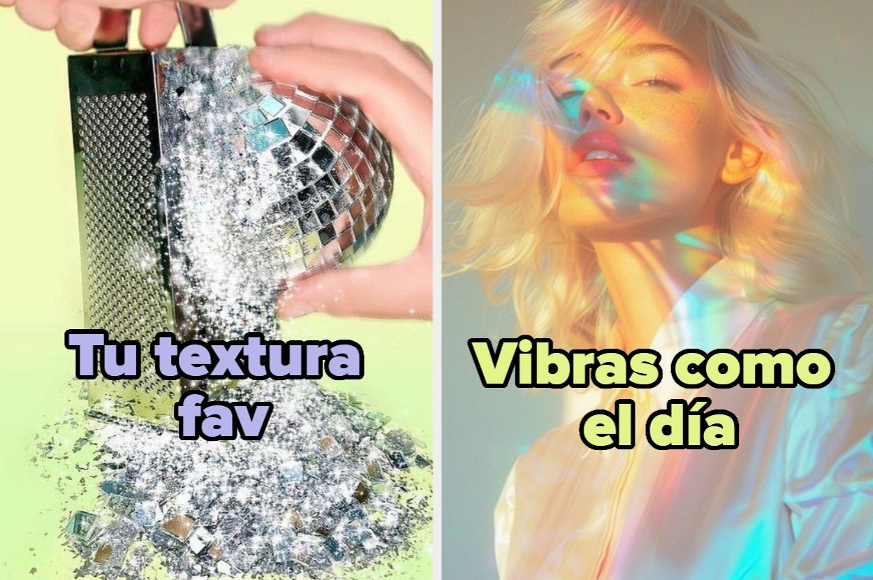 Collage con una mano rallando disco de espejo con texto "Tu textura fav" y mujer iluminada por arcoíris con texto "Vibras como el día"
