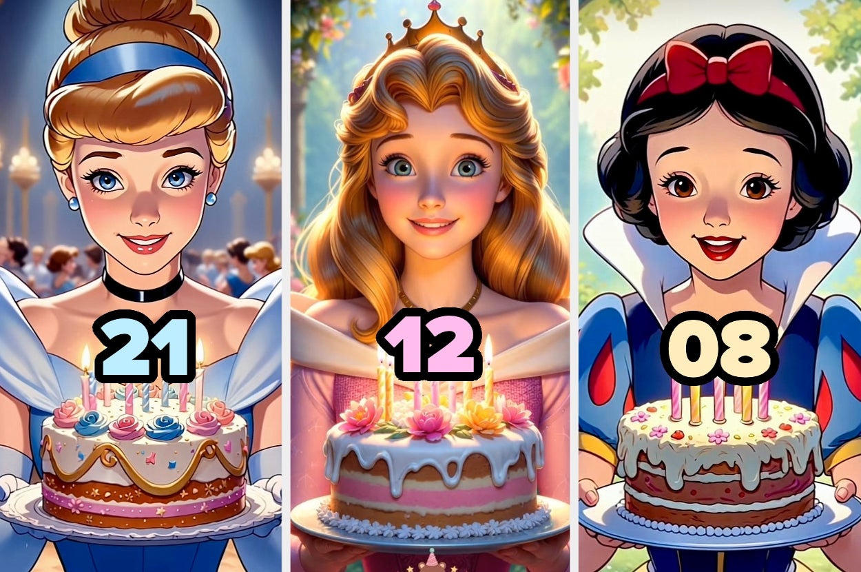 Tres princesas de cuentos de hadas, cada una con un pastel: 21, 12, y 08. Comparación de edades o niveles