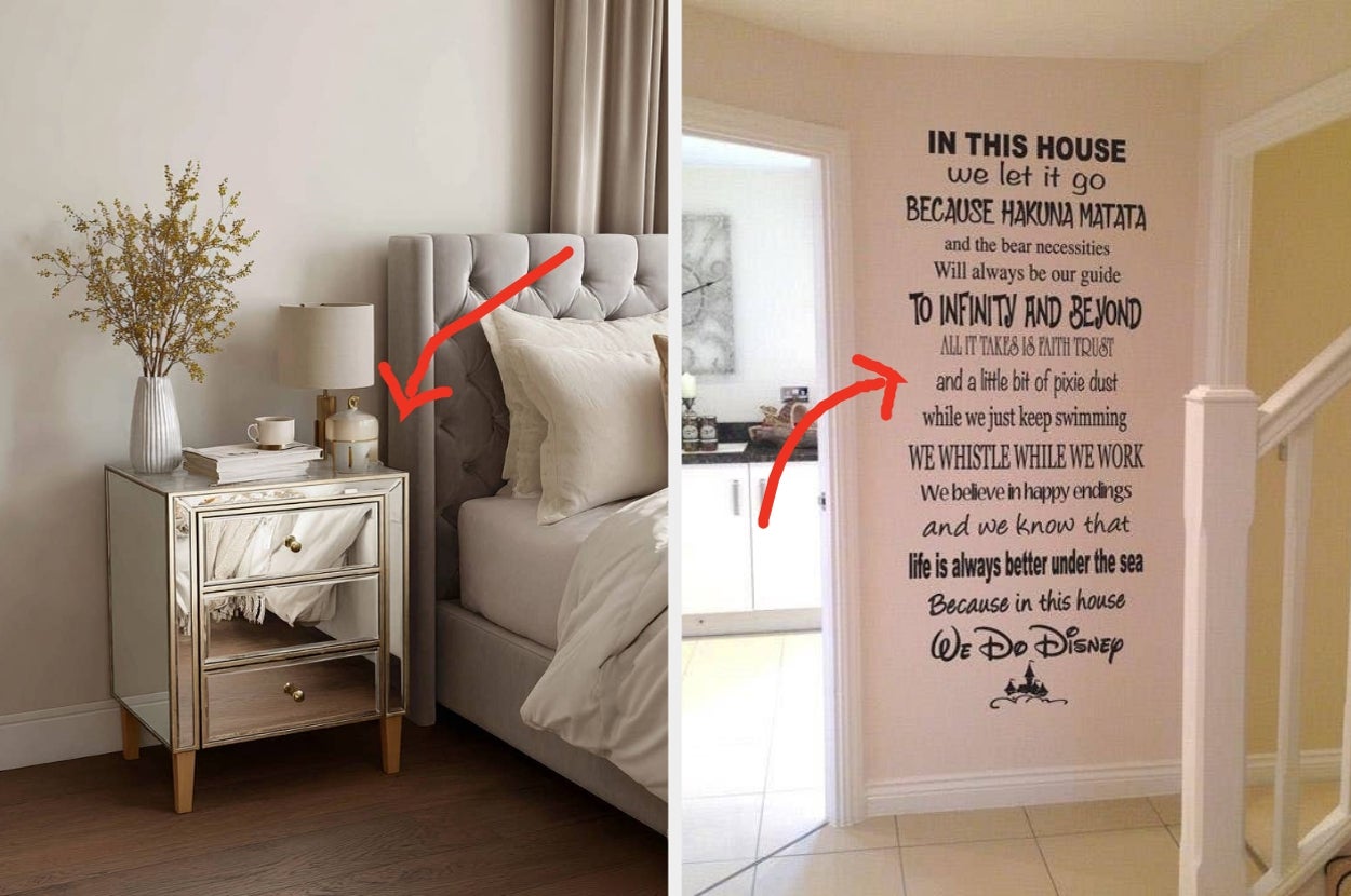 Bedroom with a decorative Disney-themed wall decal featuring classic quotes like "Hakuna Matata" and "To Infinity and Beyond," alongside a bed and mirrored nightstand