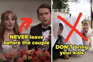 Split image: Left, a newlywed couple with text: "Never leave before the couple;"; right: children at a wedding table crossed out, text: "DON'T bring your kids"