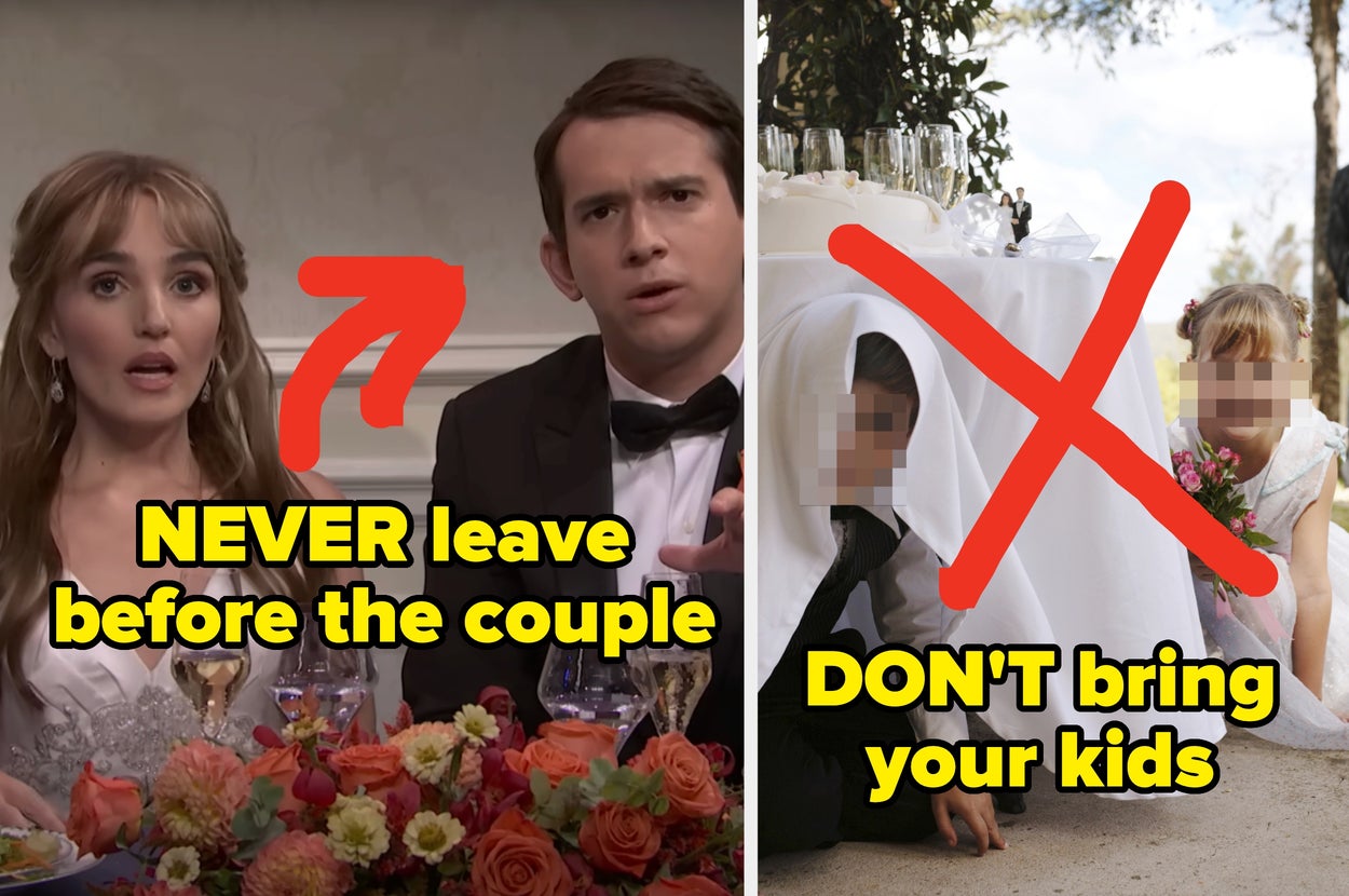Split image: Left, a newlywed couple with text: "Never leave before the couple;"; right: children at a wedding table crossed out, text: "DON'T bring your kids"