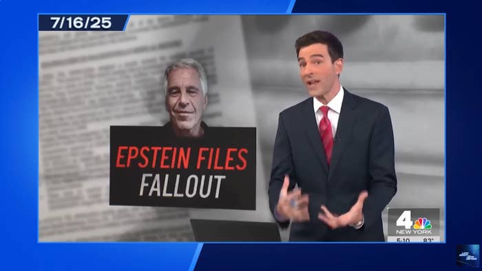News anchor discusses &quot;Epstein Files Fallout&quot; in a TV broadcast. Background shows a photo of a man and blurred documents. Date displayed: 7/16/25