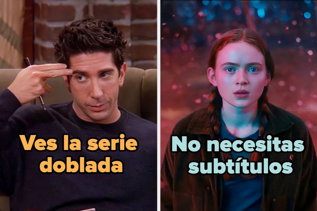 Split image: Left shows a man gesturing discontent; right shows a surprised-looking woman. Text: "Watch a dubbed series" and "No subtitles needed."