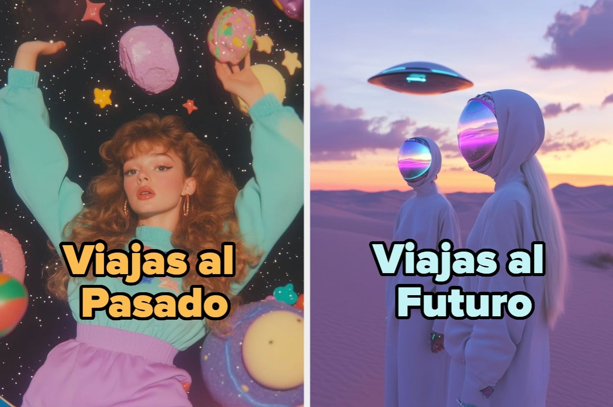 Dos imágenes: izquierda de una persona con estética retro con texto "Viajas al Pasado"; derecha de figuras futuristas en un desierto con texto "Viajas al Futuro"