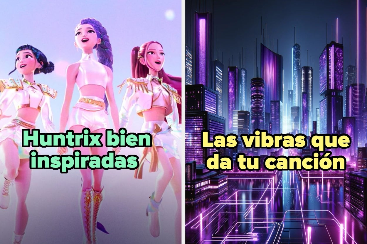 Montaje con personajes animados futuristas y una ciudad de aspecto cibernético. Texto: "Huntrix bien inspiradas. Las vibras que da tu canción"