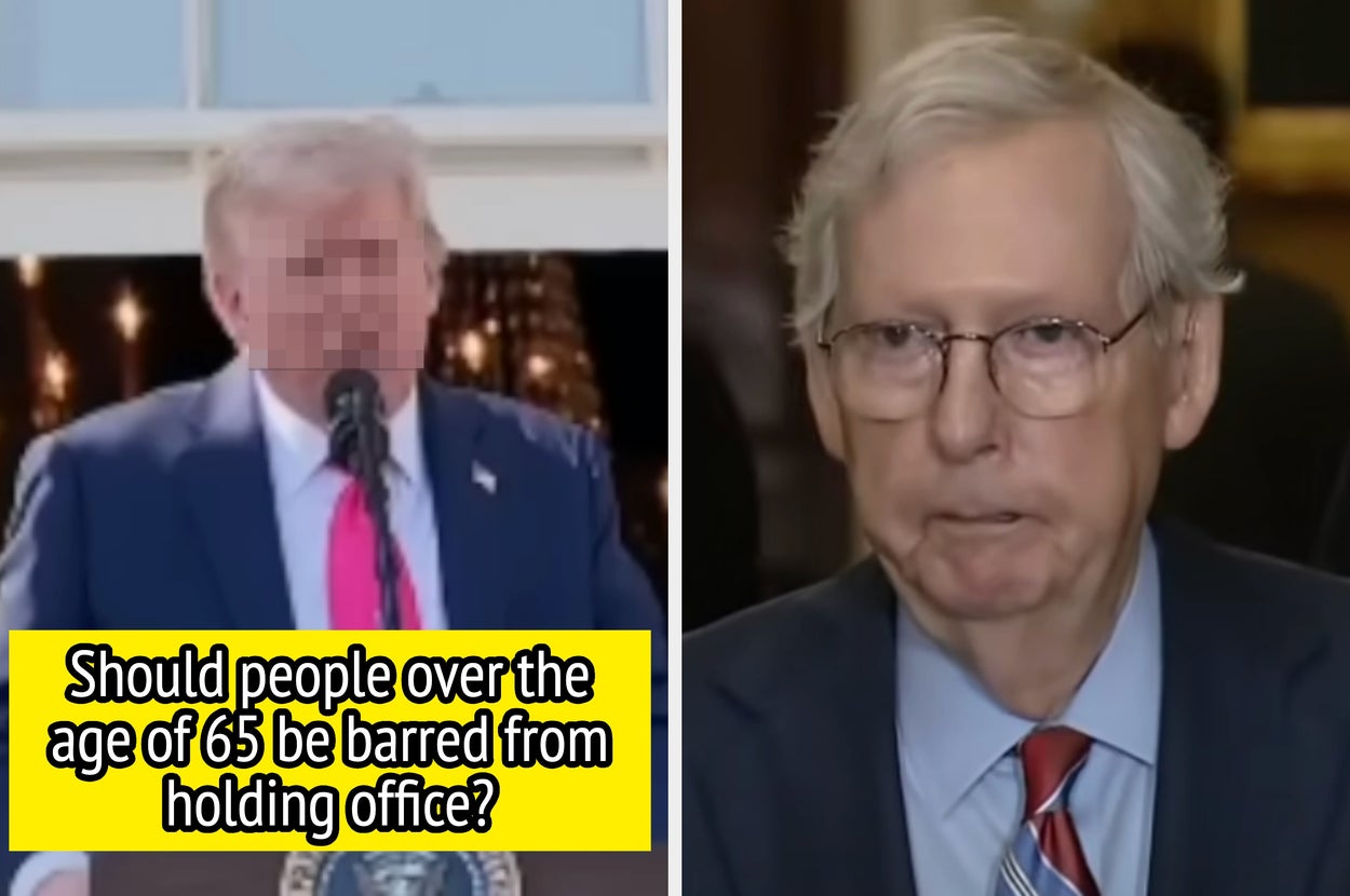 A blurred speaker on stage and a serious-looking politician with text: "Should people over 65 be barred from holding office? ...could you repeat the question?"