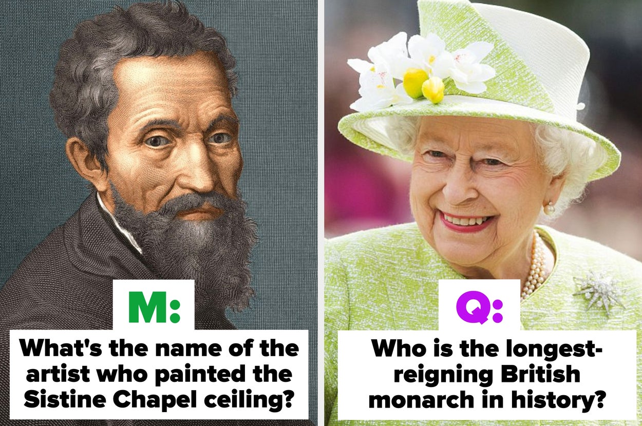 Left: Painting of an artist; text asks about the Sistine Chapel ceiling painter. Right: Smiling older woman; text asks who is the longest-reigning British monarch