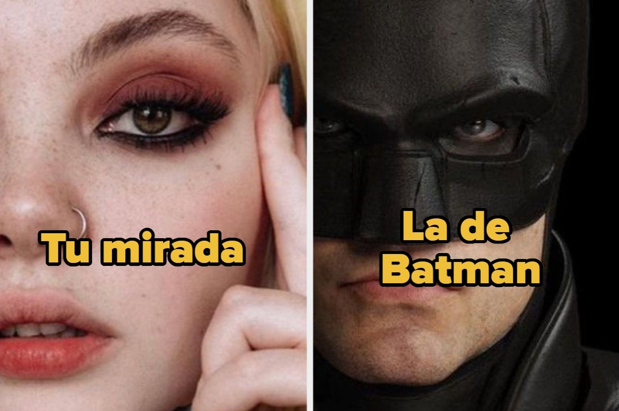 Close-up of a person touching their face with text "Tu mirada" and a Batman character with text "La de Batman" overlaid on their eyes