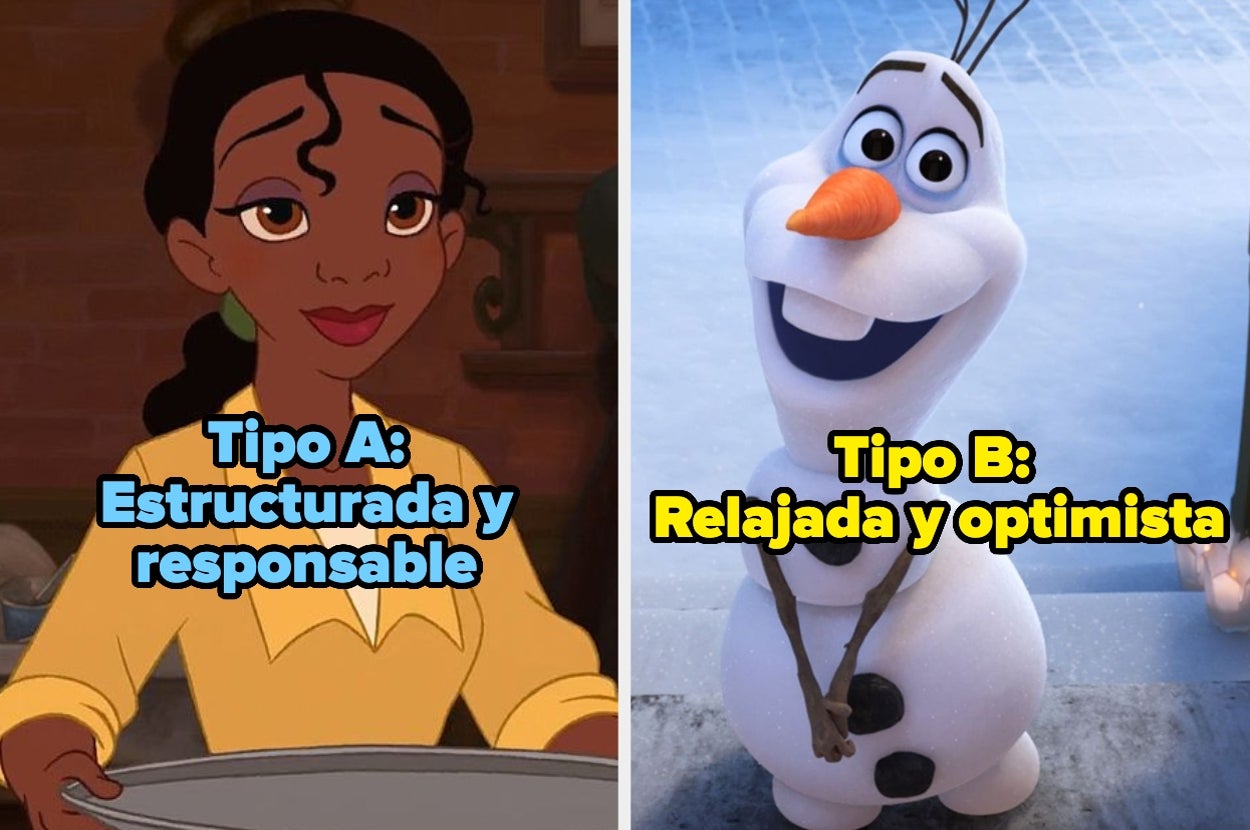Dibujo de personajes animados: una mujer trabajando, etiquetada como "estructurada y responsable", y un muñeco de nieve relajado, "relajada y optimista"
