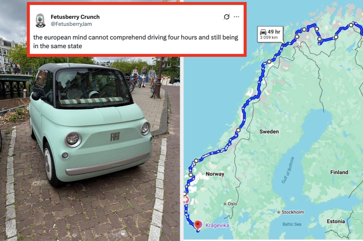 An electric Fiat car is parked on a street. Next to it, a humorous tweet about driving distances in Europe and a map showing a road trip across Scandinavia