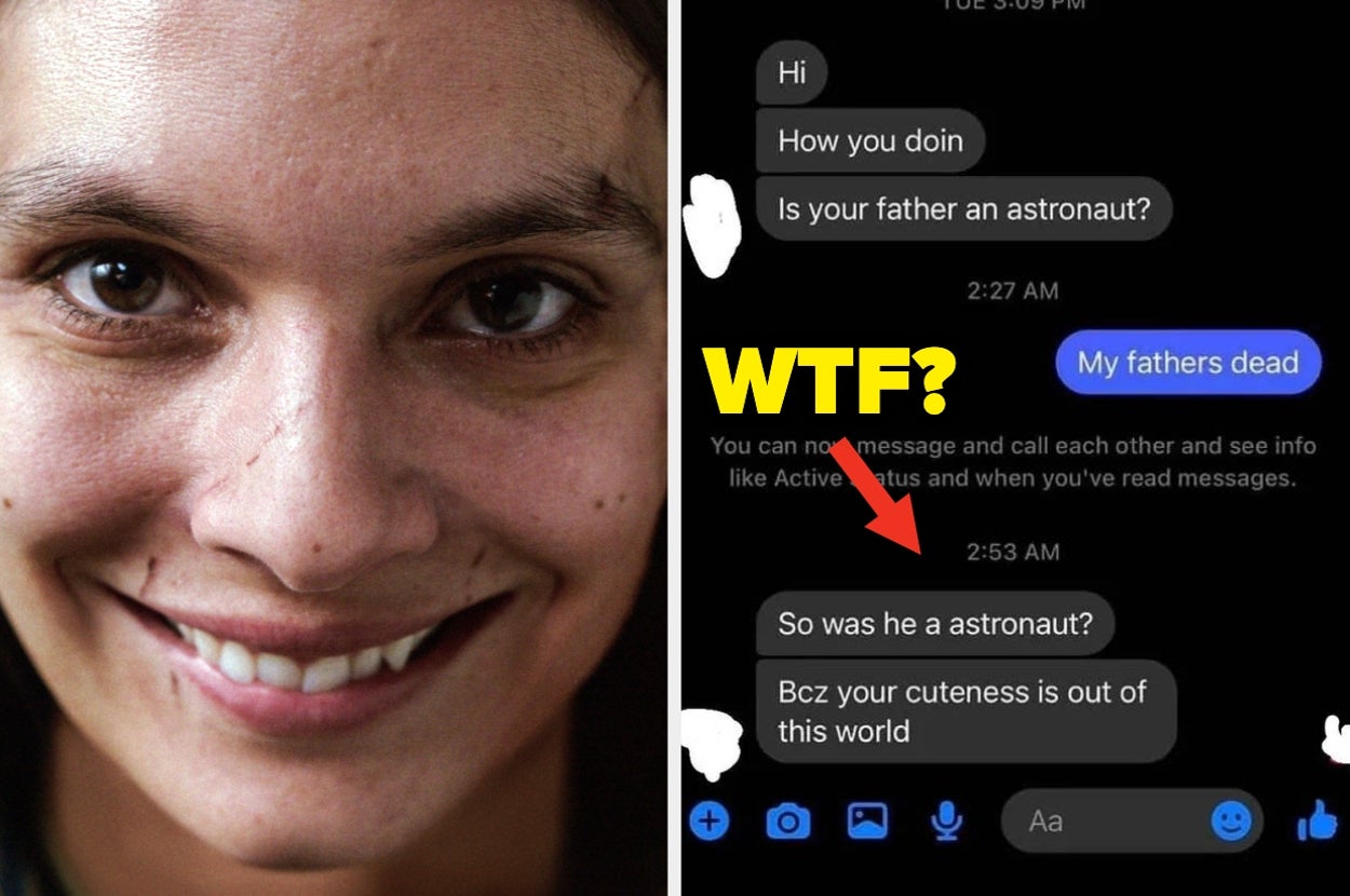 Split image: Left shows a smiling person; right shows a text exchange where one person awkwardly asks, "So was he a astronaut?"