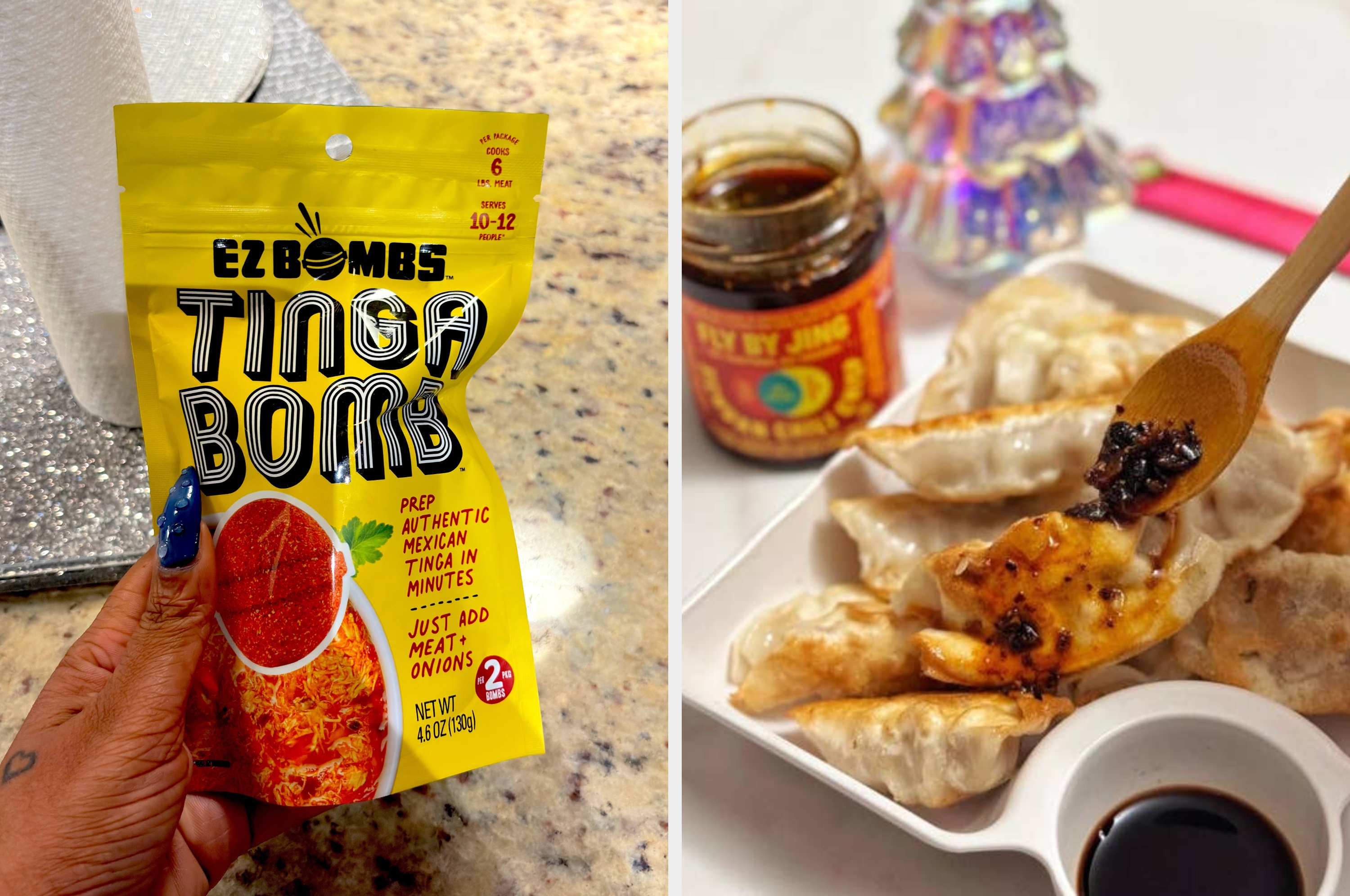 A package of EZBombs Tinga Bombs next to a plate of dumplings with sauce being spooned over them