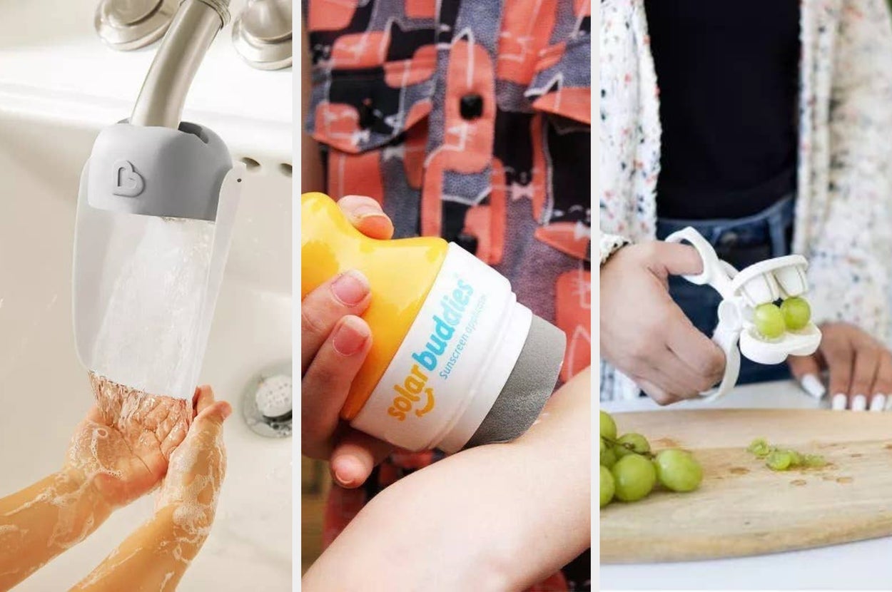 Left: Woven basket with books and toys. Right: A child's hand using a divided food plate with carrots and cucumbers