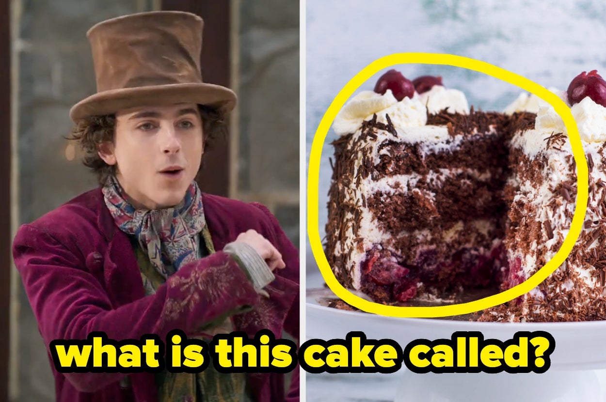 A person in a whimsical outfit next to a sliced chocolate cake with cherries and cream. Text asks about the cake's name
