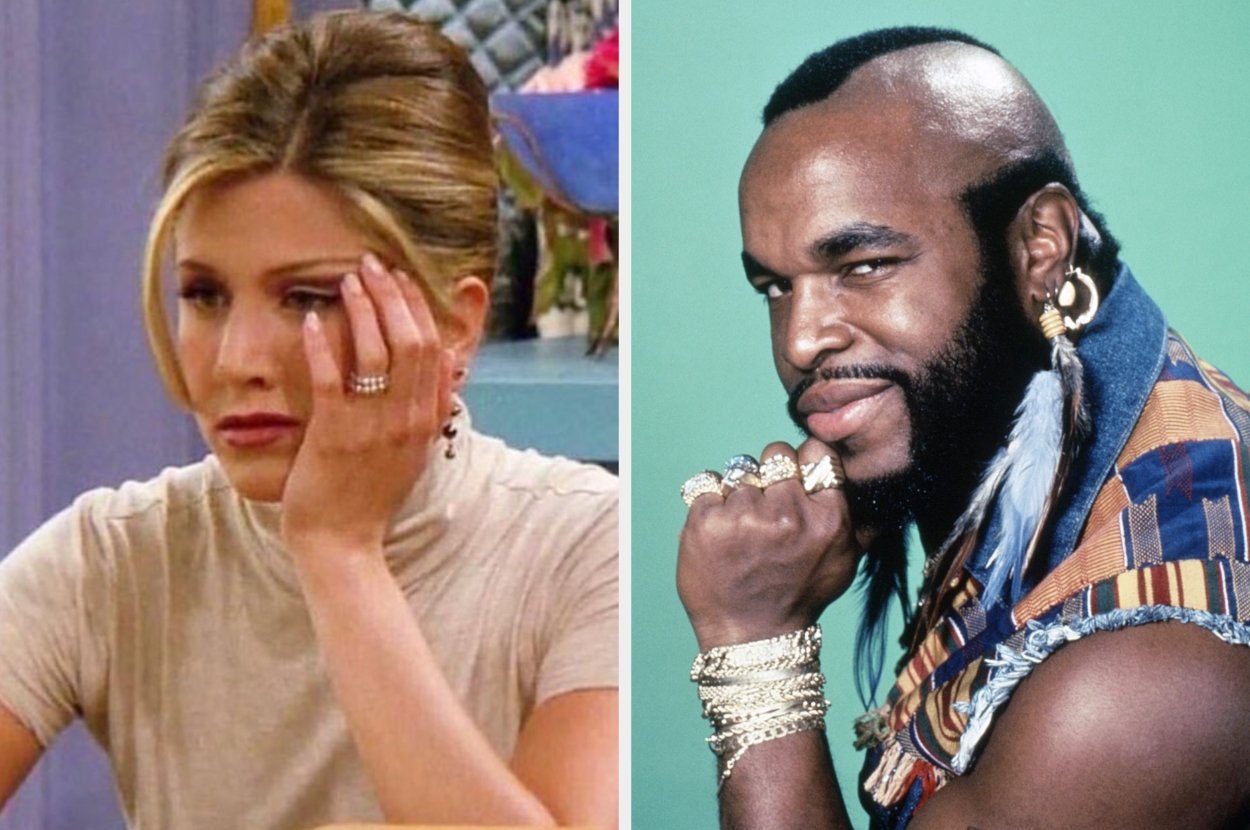 Jennifer Aniston in "Friends" with hand on face next to Mr. T in "The A-Team" with a mohawk, wearing gold jewelry and earrings, smiling with a thoughtful pose