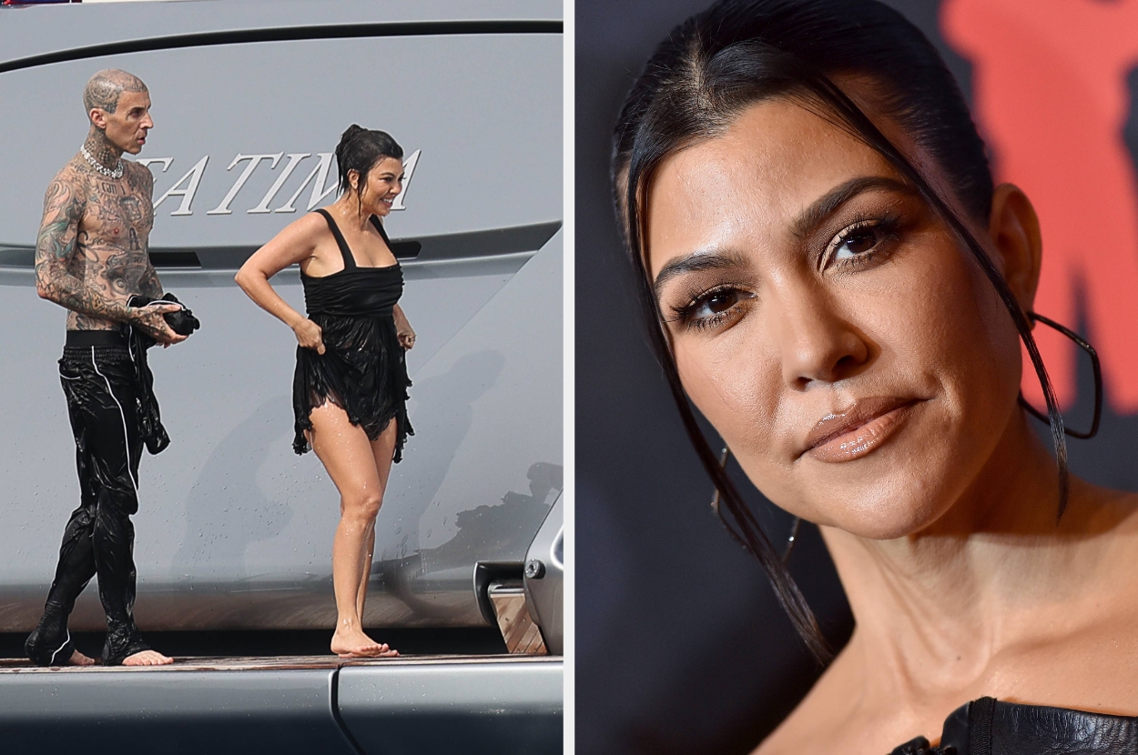 Travis Barker in pants and Kourtney Kardashian in a swimsuit on a yacht vs Kourtney Kardashian with groomed hair at an event in elegant attire