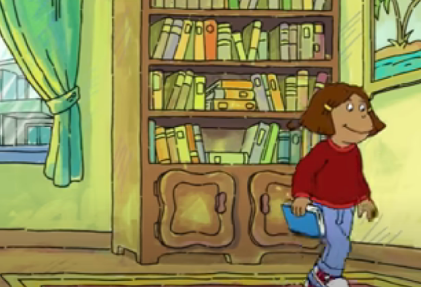 Animated character holds a book, standing in a room with a bookshelf and window