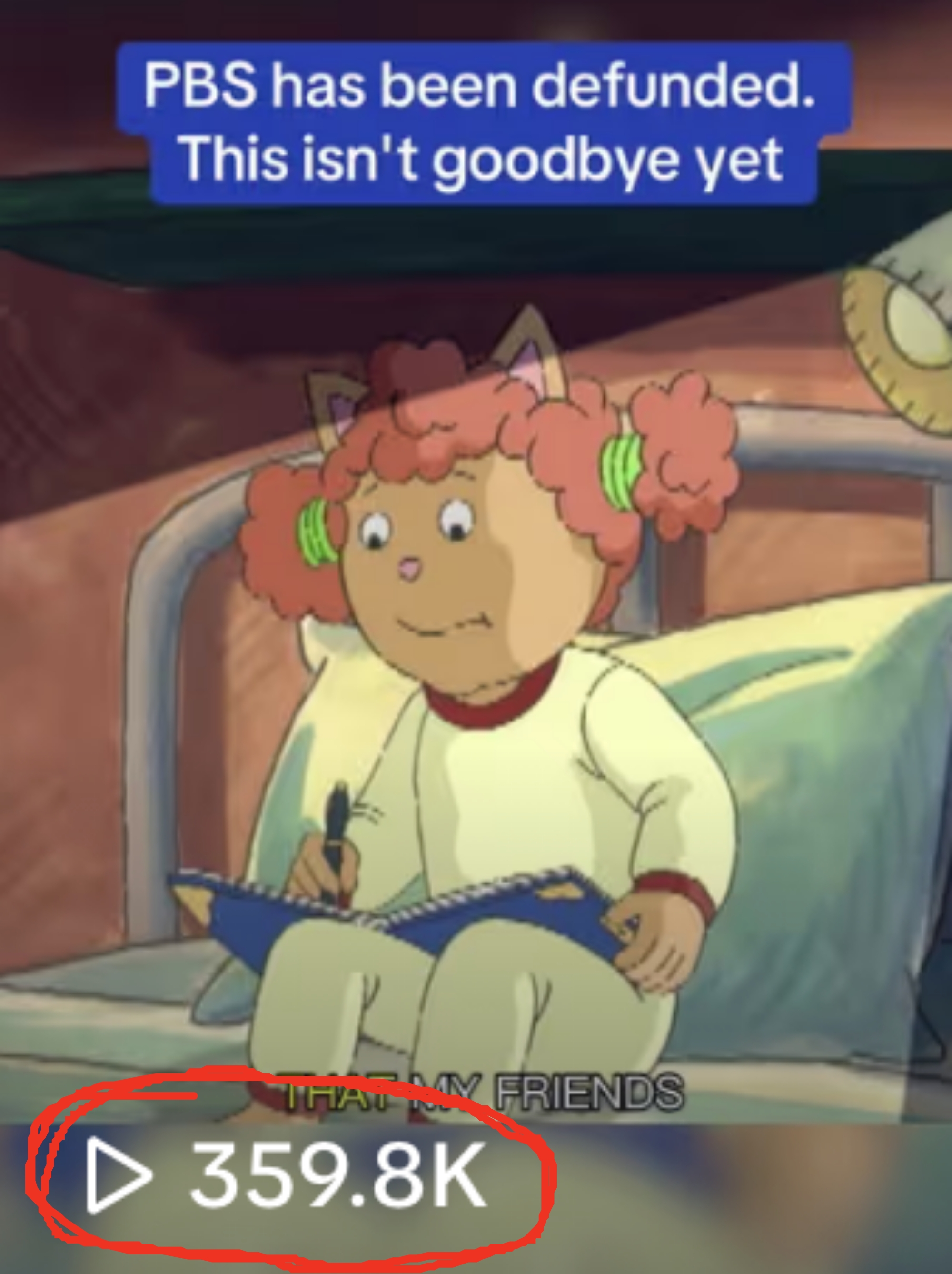 Cartoon character sits on a bed, looking concerned while holding a notebook. Subtitles mention PBS defunding