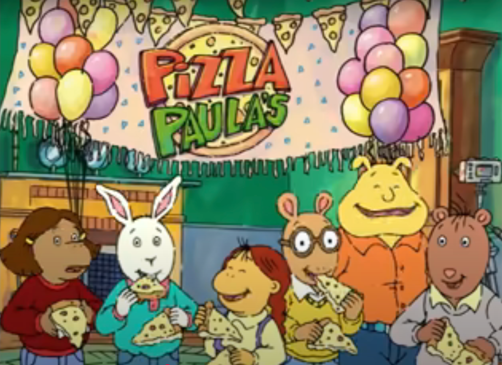 Animated characters from &quot;Arthur&quot; enjoy pizza at a party under a &quot;Pizza Paula&#x27;s&quot; banner with colorful balloons