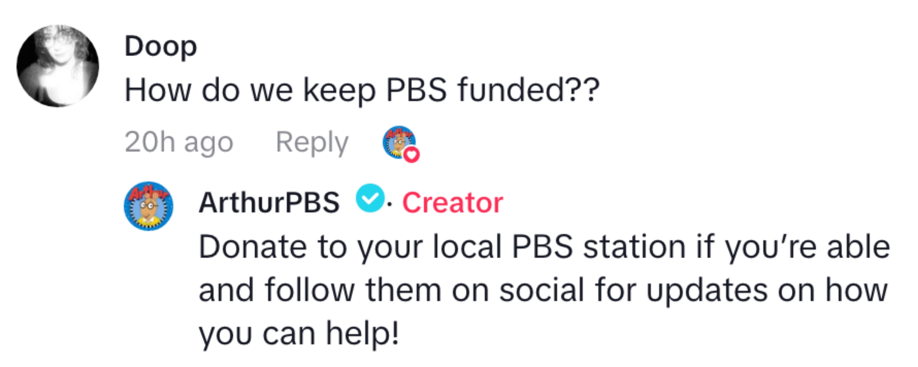 Comment asking about PBS funding, with a response suggesting donations and social media follows to help
