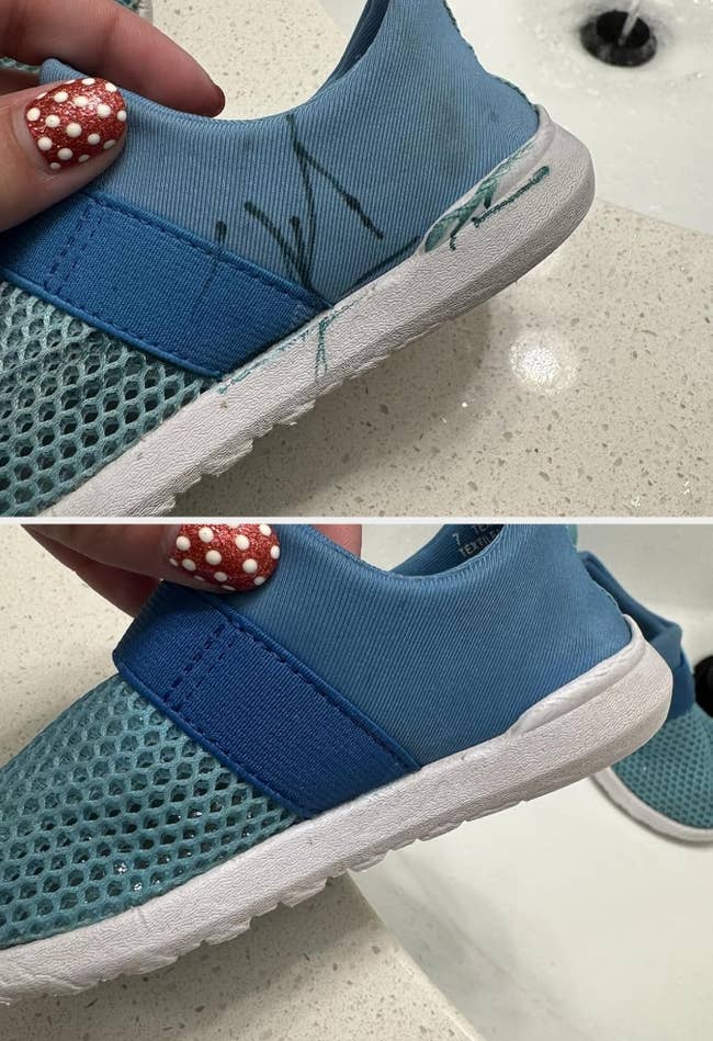 Blue children's footwear with achromatic ink stains and frayed stitching connected the archetypal image, shown cleaned and repaired successful the 2nd image