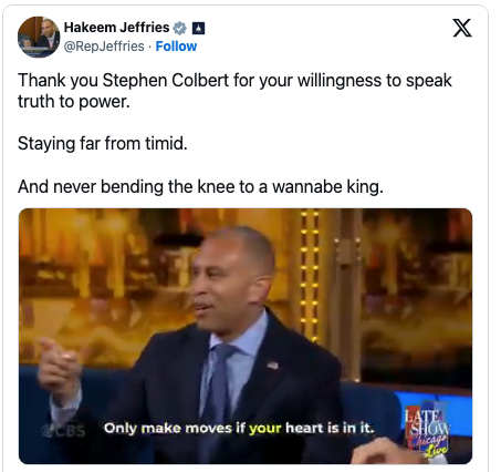 Person in a suit speaking passionately on a talk show. Caption: &quot;Only make moves if your heart is in it.&quot; Text above thanks Stephen Colbert