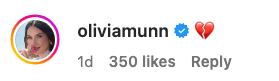 Profile picture of a woman with the username &quot;oliviamunn&quot; and a heartbroken emoji. Post shows &quot;1d&quot;, 350 likes, and a reply option