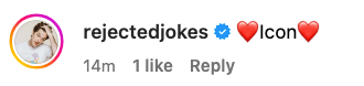 Screenshot of an Instagram comment by user &quot;@rejectedjokes&quot; saying &quot;Icon&quot; with heart emojis