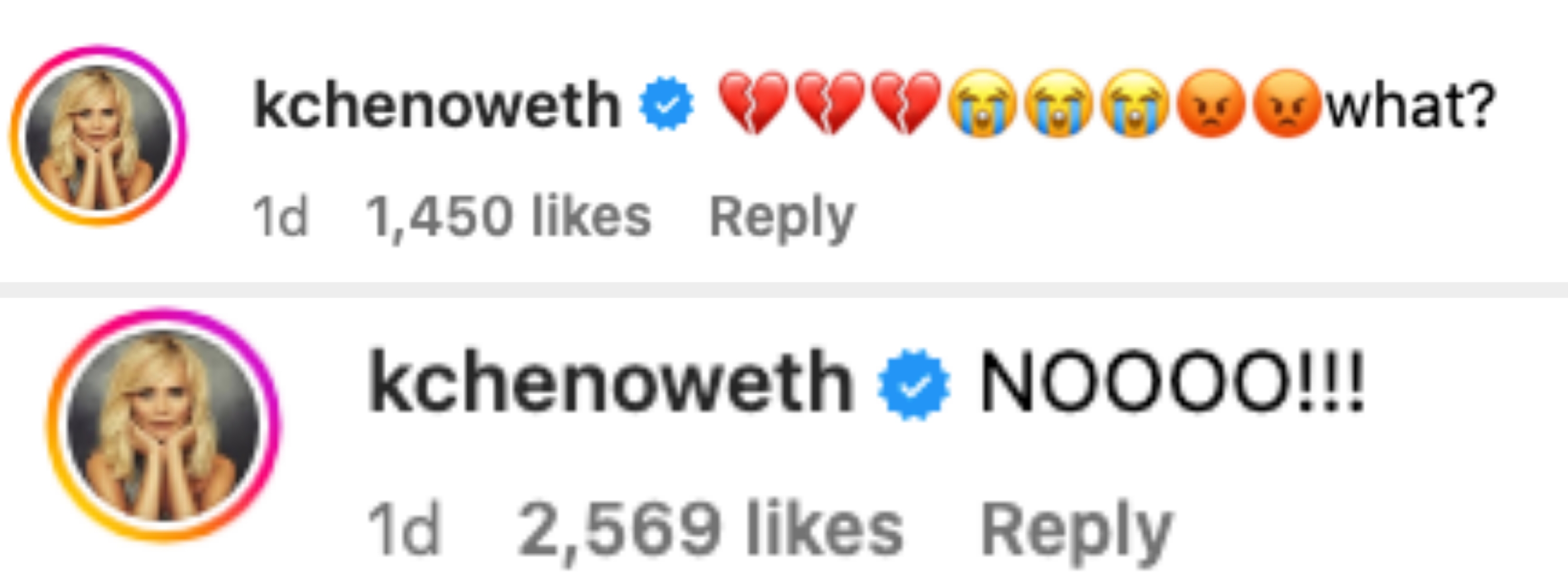 Comment by verified account: &quot;NOOOO!!!&quot; 1 day ago, 2,569 likes, and reply option
