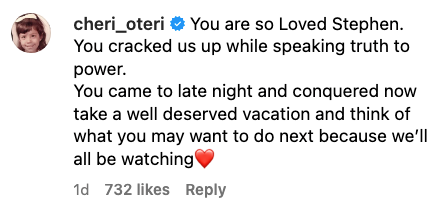 Cheri Oteri&#x27;s comment praises Stephen for his impact and suggests he enjoy a well-deserved vacation while contemplating future endeavors