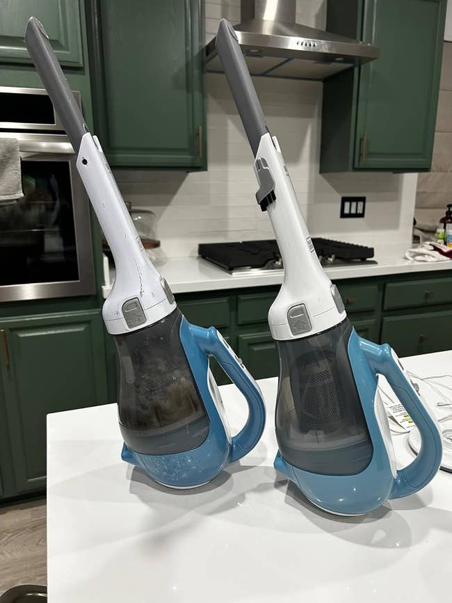 Two handheld vacuum cleaners connected a room counter, 1 filled with debris, illustrating their effectiveness for location cleaning