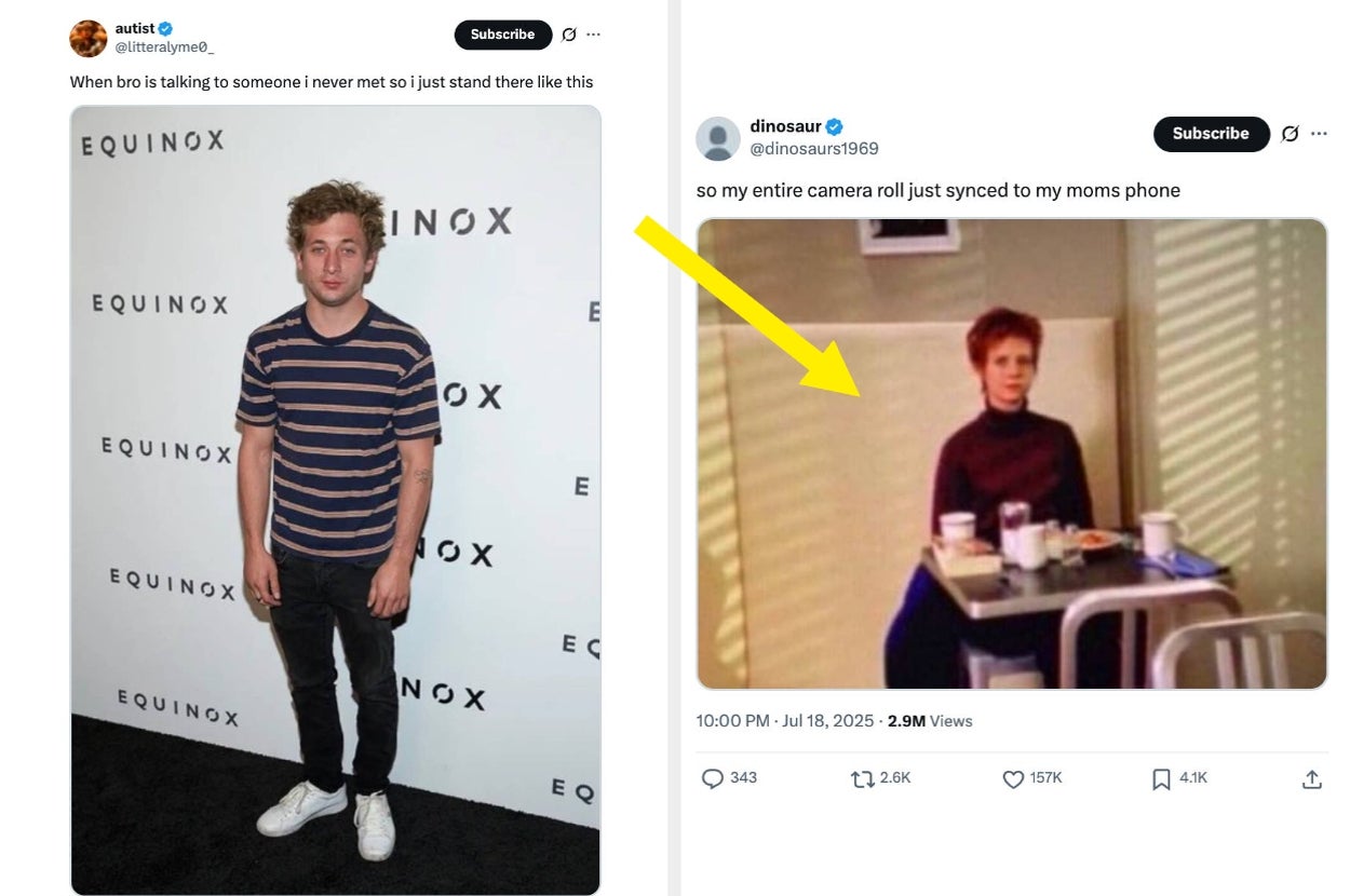 Jeremy Allen White standing awkwardly in casual striped shirt at an Equinox event vs Miranda from Sex and the City sitting at a table with a sad expression
