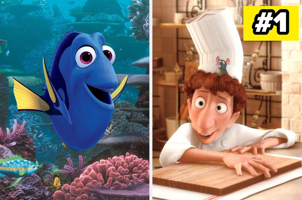 Split image of "Finding Dory" and "Ratatouille" scenes. Text on right: "#1"