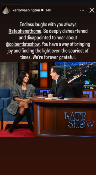 Kerry Washington on a talk show set, sitting with host. She is wearing a stylish outfit. Caption reflects gratitude and concern over show news
