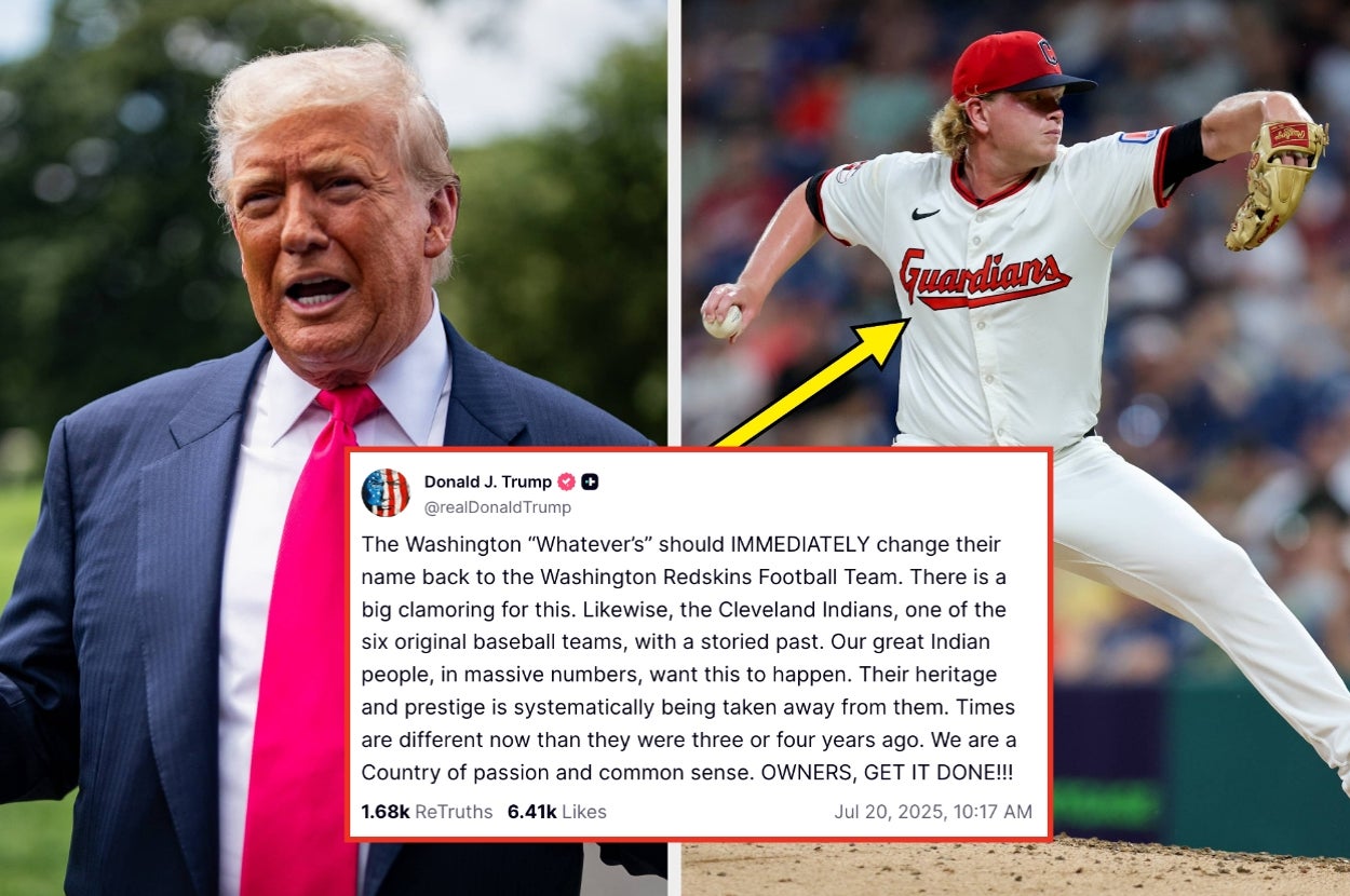 A man in a suit and a baseball player in action. A tweet by Donald Trump discusses changing team names for Washington and Cleveland sports teams