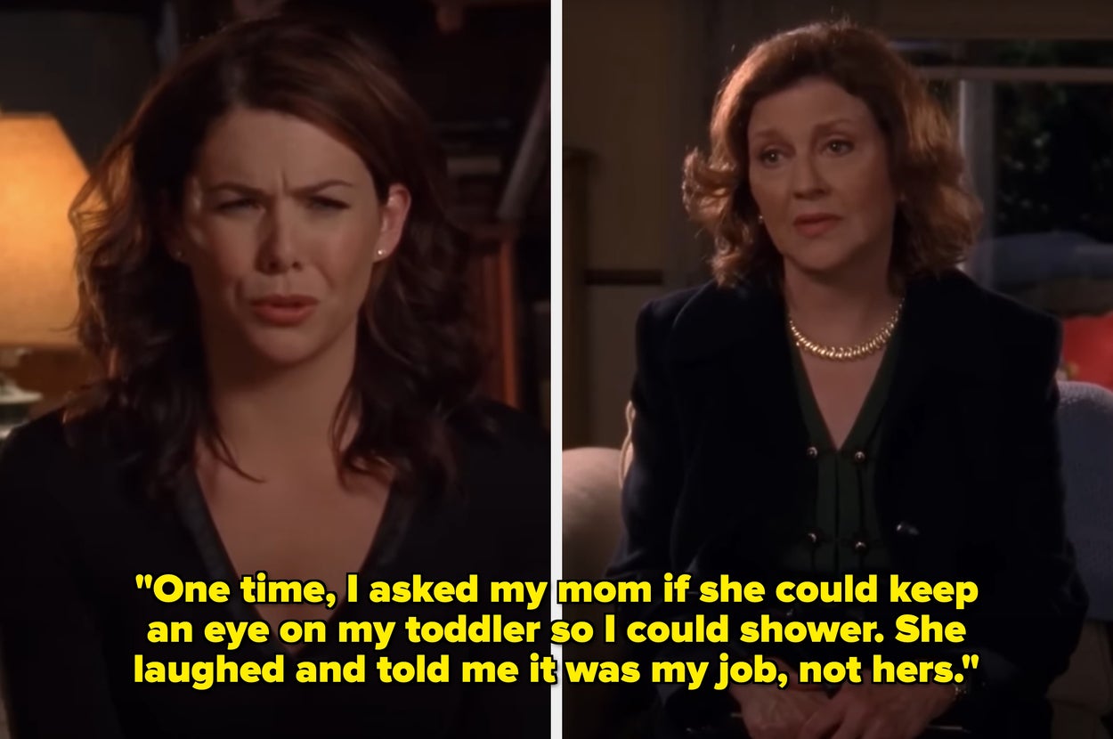 Two women are in a dialogue. Text: "My mother is retired and lives close by. And people still say, 'Oh well, she owes you nothing.'"