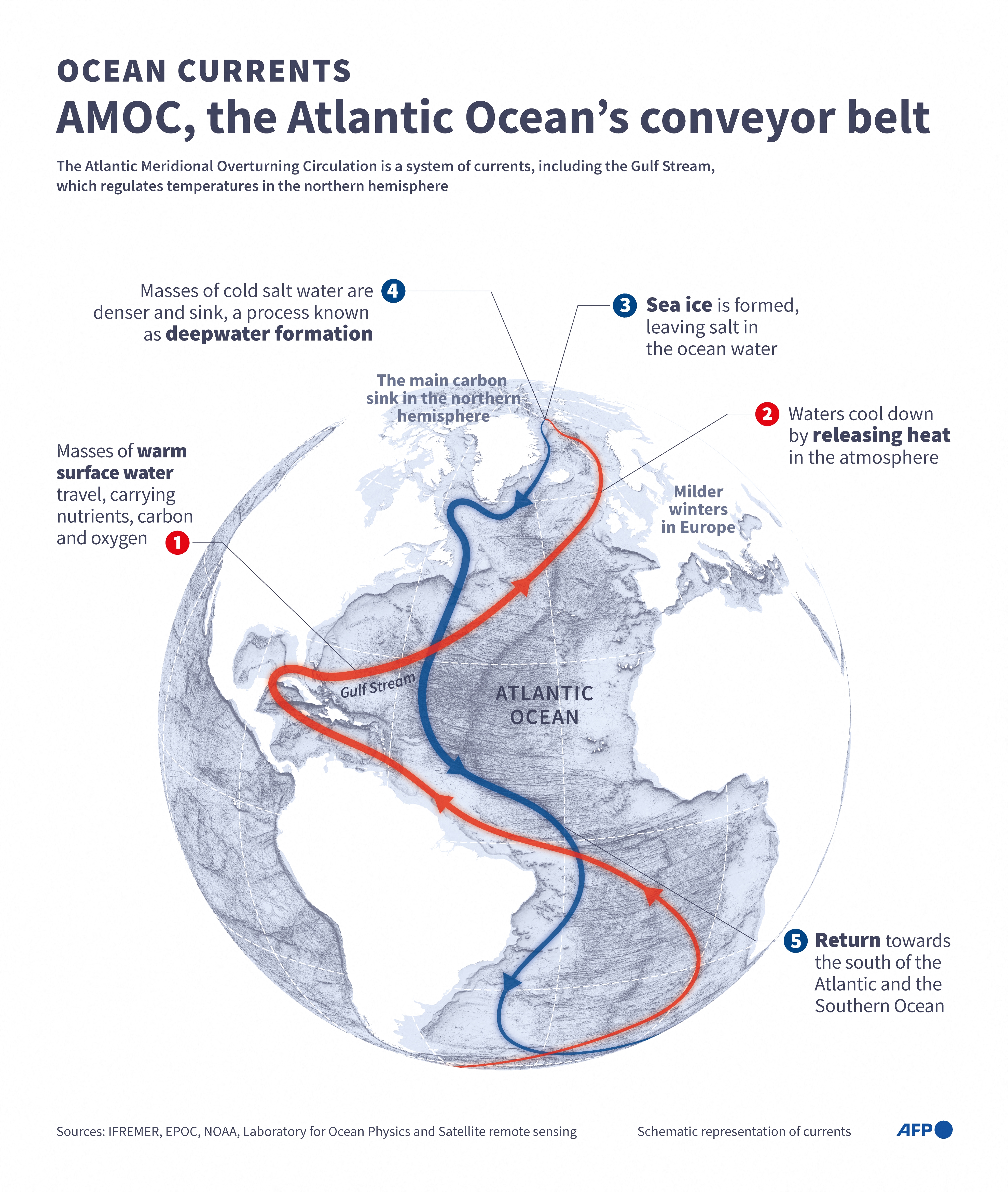 Diagram of Atlantic Ocean currents, showing cold water flowing south to the ocean floor and warm water surface currents moving north, creating a cycle