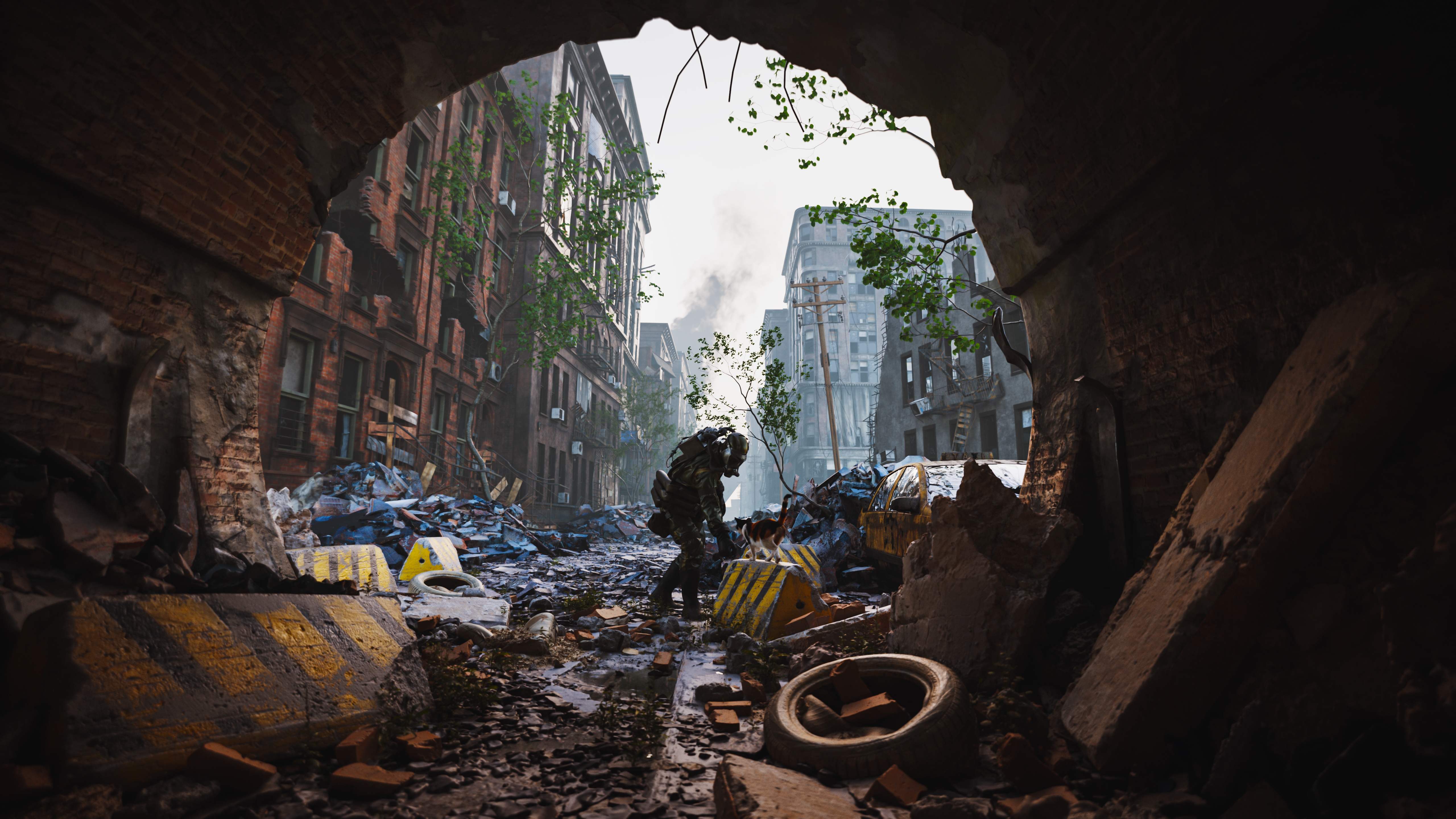 A soldier in tactical gear moves through a war-torn, debris-filled city street, viewed through a damaged brick archway