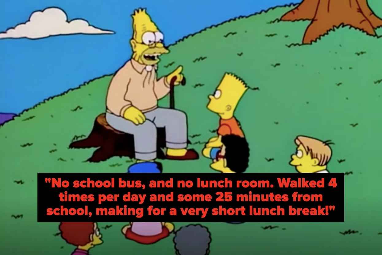A cartoon grandfather with a cane tells stories to four children sitting on grass. Subtitles humorously recount his past hardships with school commutes