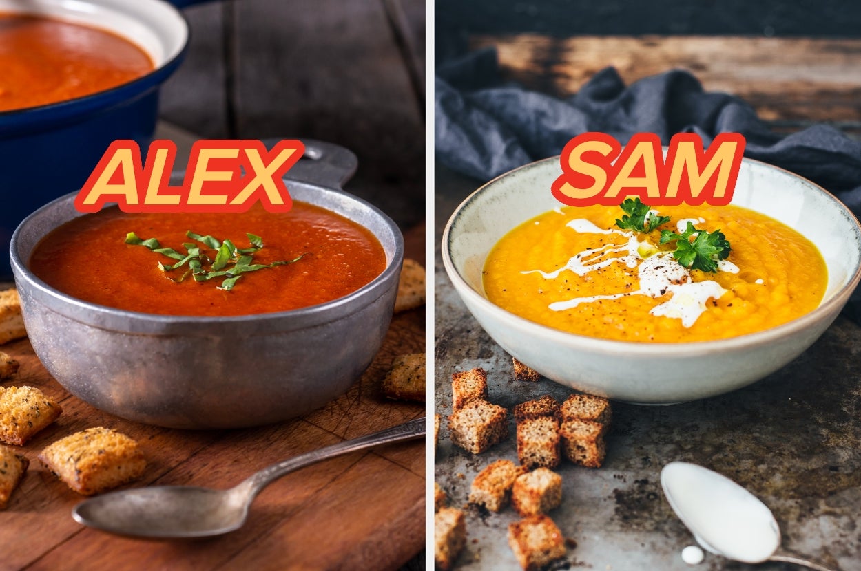 Two soups with croutons: left is a tomato soup labeled "Alex," right is a pumpkin soup labeled "Sam" with cream garnish