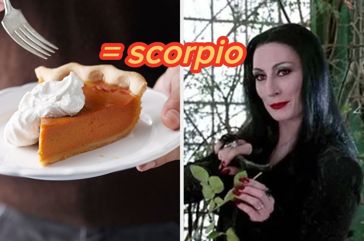 Pumpkin pie with whipped cream equals Scorpio, with a gothic-clad person holding a plant in the background