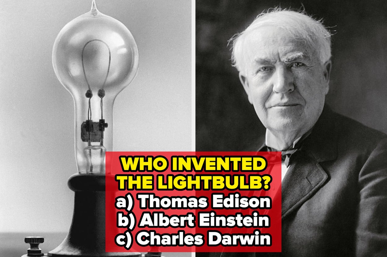 Split image: Left shows an antique lightbulb; right shows a woman in casual attire holding makeup. Text asks, "Who invented the lightbulb?"
