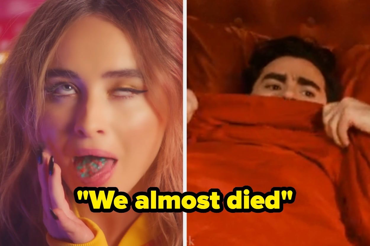 A woman with candy and a man in bed look shocked; yellow text reads, "We almost died."