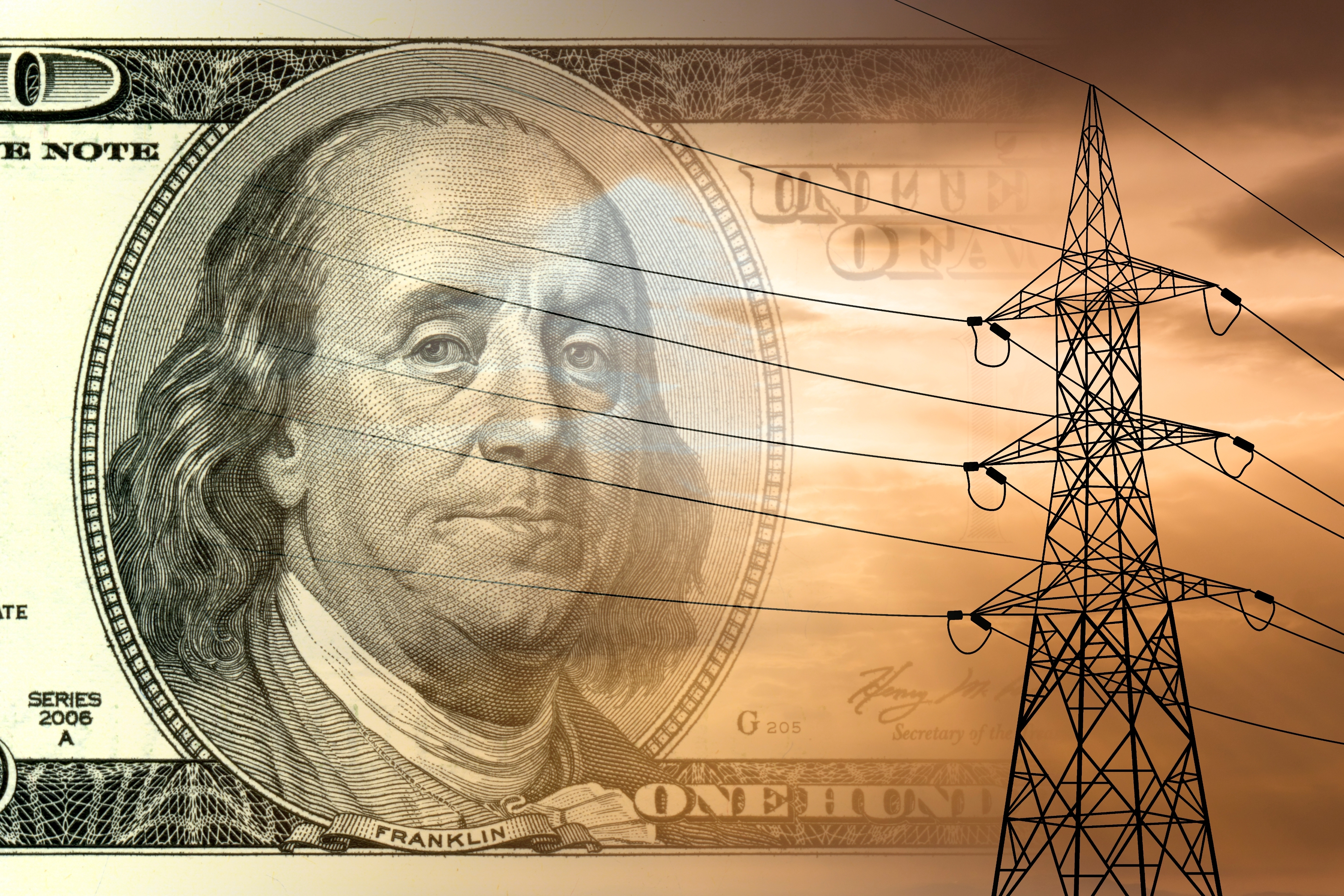 Image of Benjamin Franklin on a $100 bill with an overlay of electrical power lines and a cloudy sky. Symbolizes electricity and finance