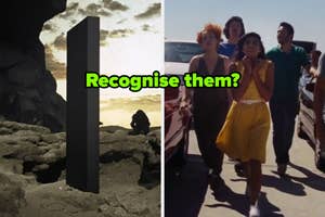 Meme with a monolith from "2001: A Space Odyssey" on left and excited people on right. Text reads, "Recognise them?"