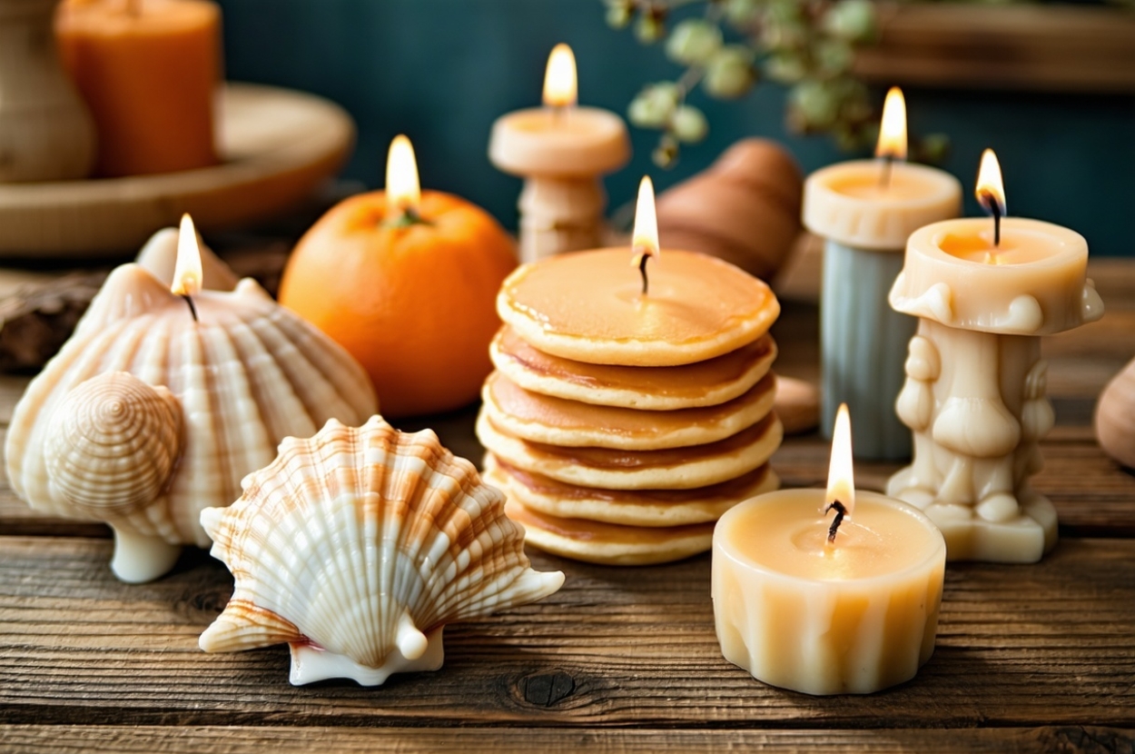 Assorted candles shaped like seashells, stacks of pancakes, and geometric forms, all lit on a wooden surface with a decorative theme