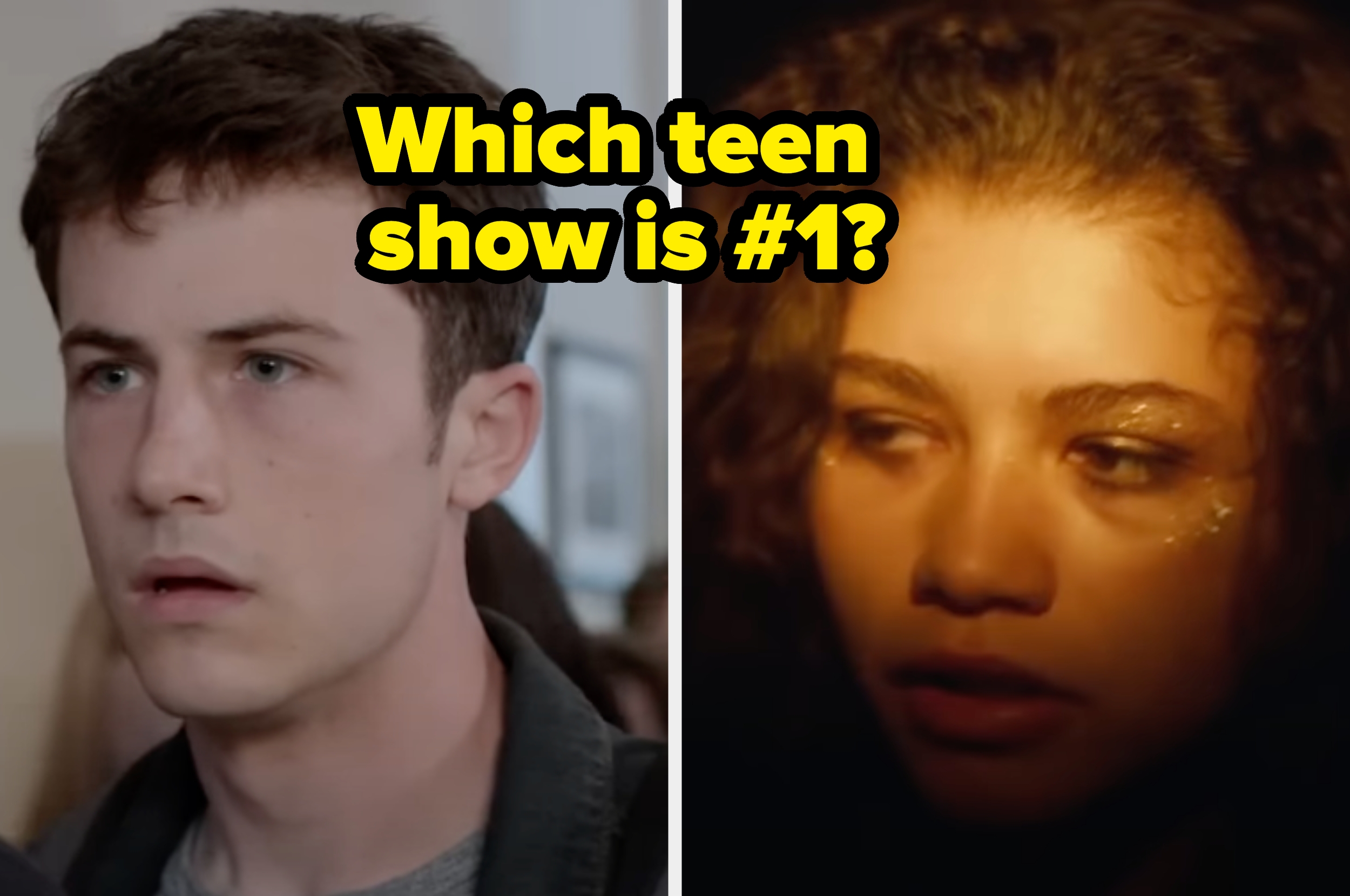 Split image with a young man on the left and a young woman on the right with bold text asking which teen show is #1