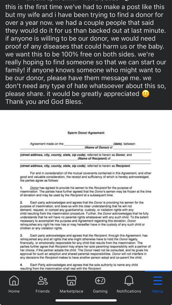 A person is urgently seeking an unpaid sperm donor willing to undergo health screening to help start their family. Contact requested via private message