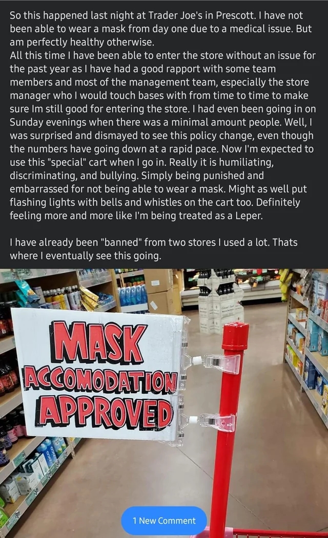 Complaint about having to use a special cart when shopping maskless during COVID saying they&#x27;re allowed to not wear a mask, calling it &quot;discrimination&quot;